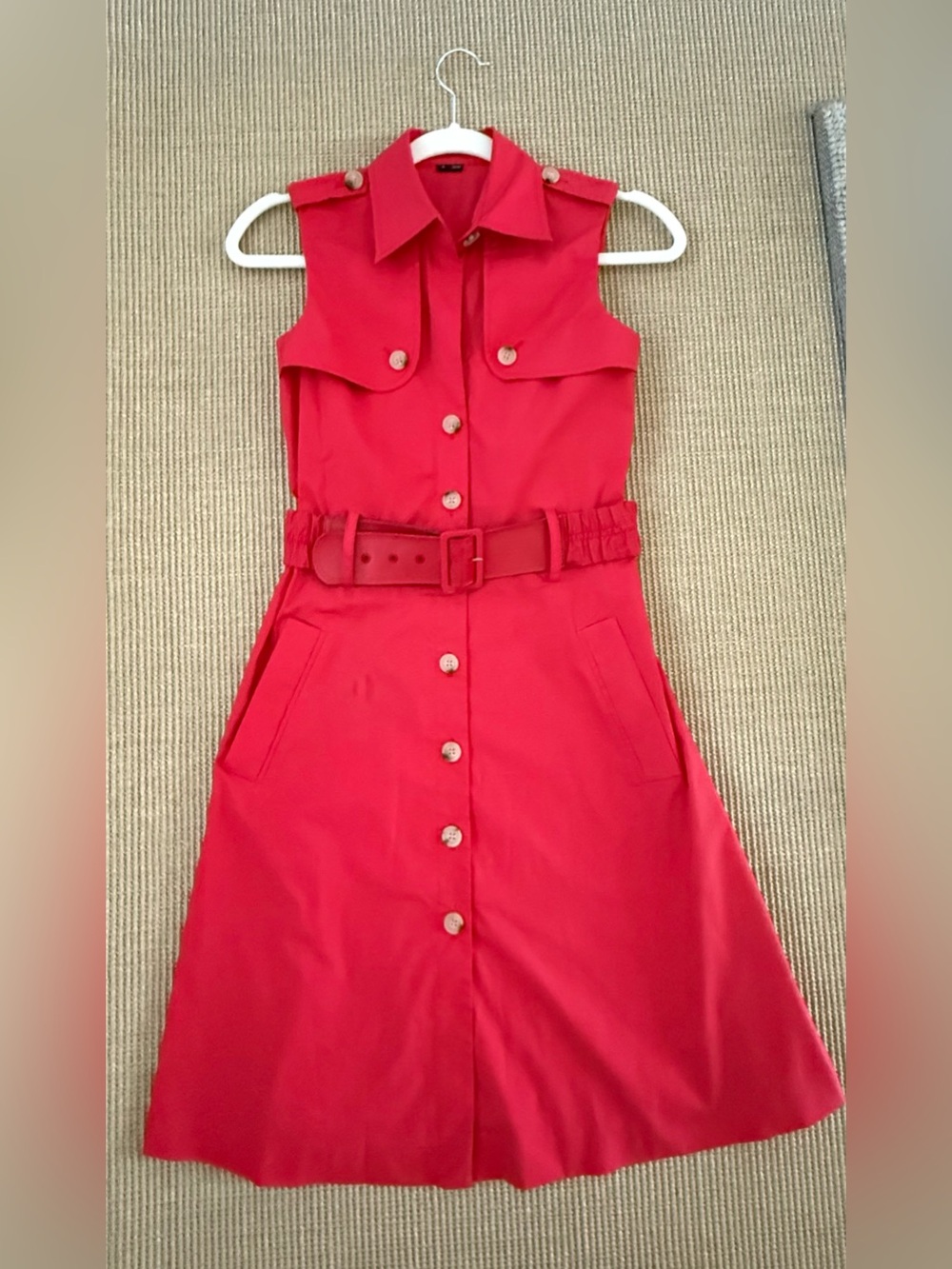 Theory Sleeveless Red Button-Front Belted Shirt Dress
